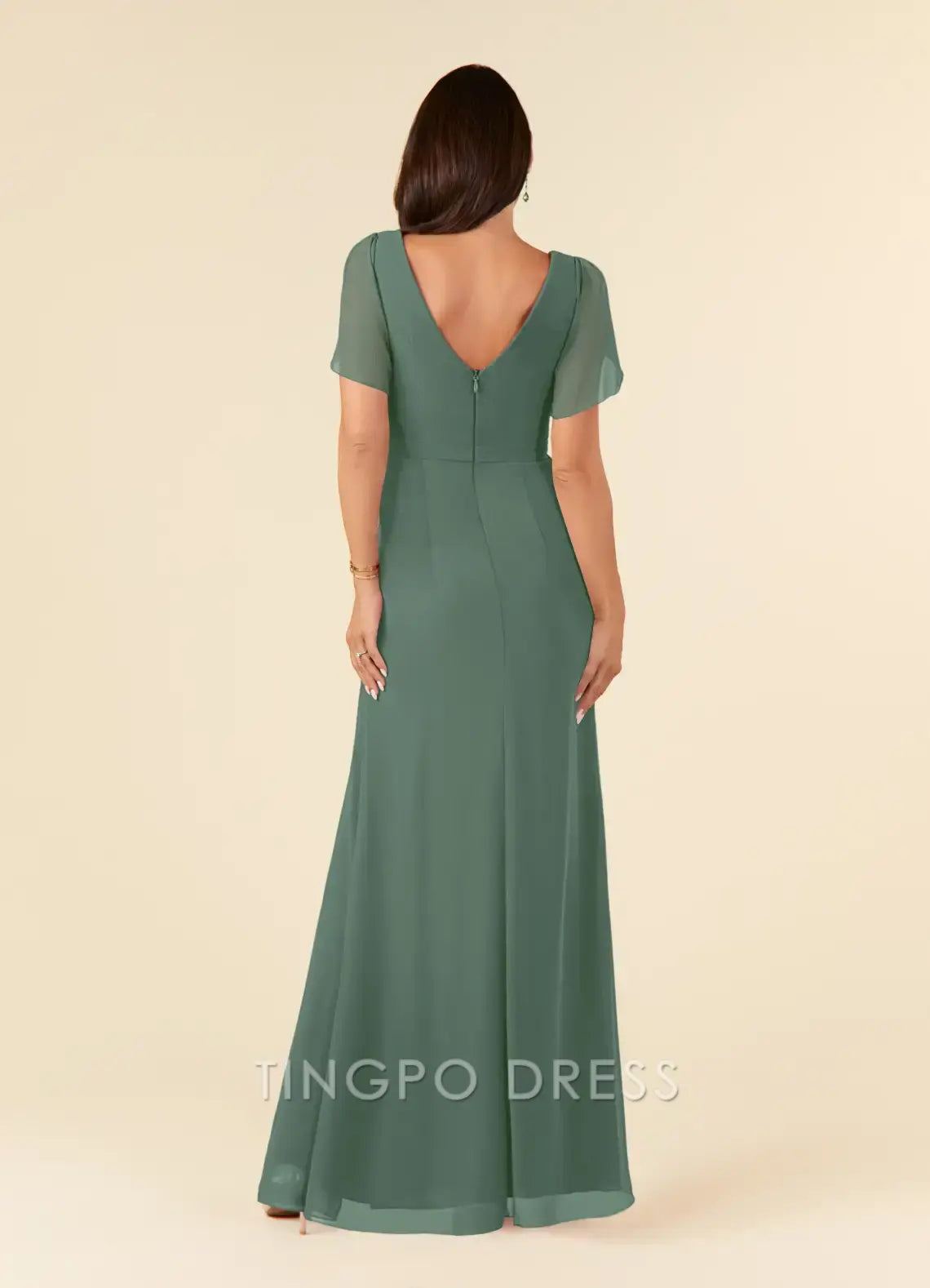 TingPo Wholesale Elegant V - Neck Chiffon Evening Gown with Sheer Flutter Sleeves Embellished Waist, and Side Slit: Ideal for Formal Occasions